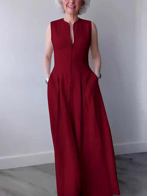 A-Line Loose Pleated Pockets Split-Joint Zipper Round-Neck Maxi Dresses