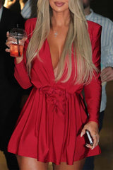 Deep V Neck Floral Pleated Mini Dress