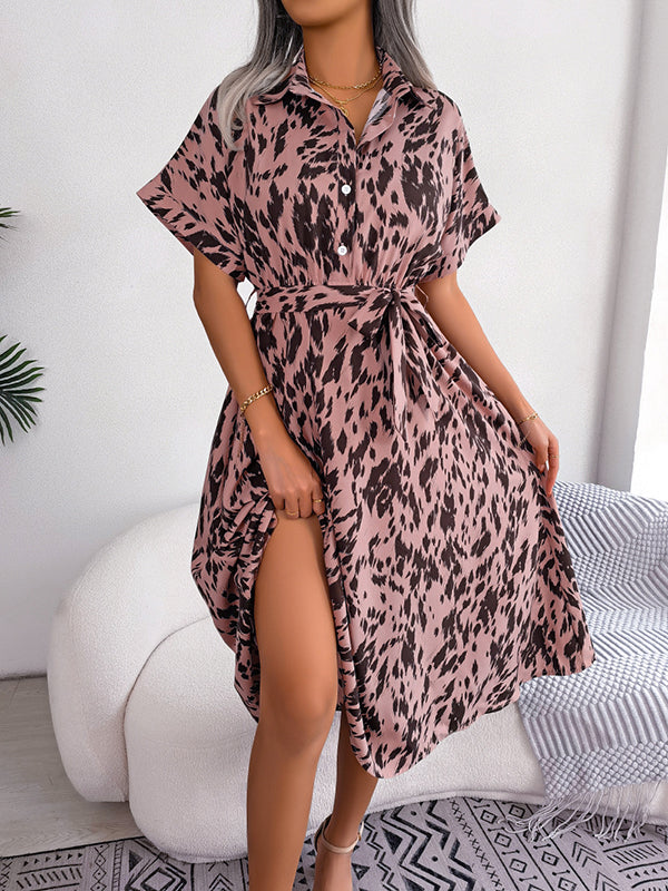 Leopard Ribbed Loose Short Sleeves Lapel Midi Dresses