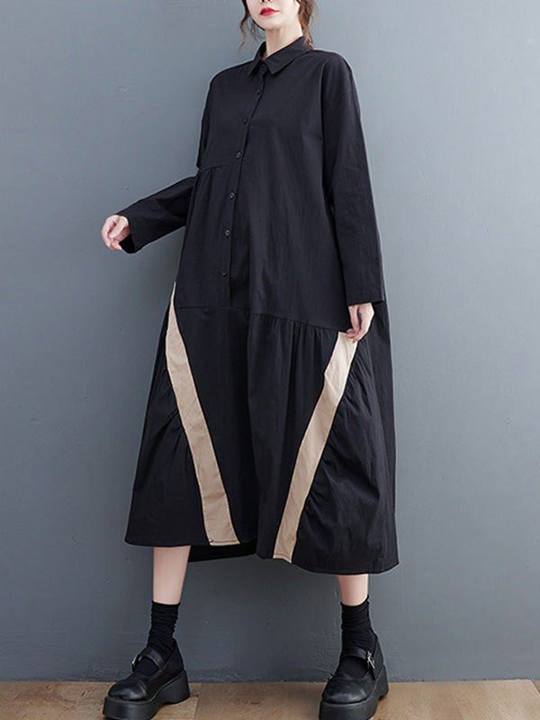 Artistic Retro Loose Long Sleeves Buttoned Contrast Color Striped Split-Joint Lapel Collar Midi Dresses