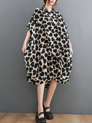 Heart Print Batwing Sleeves Irregular clipping Lapel Midi Dresses