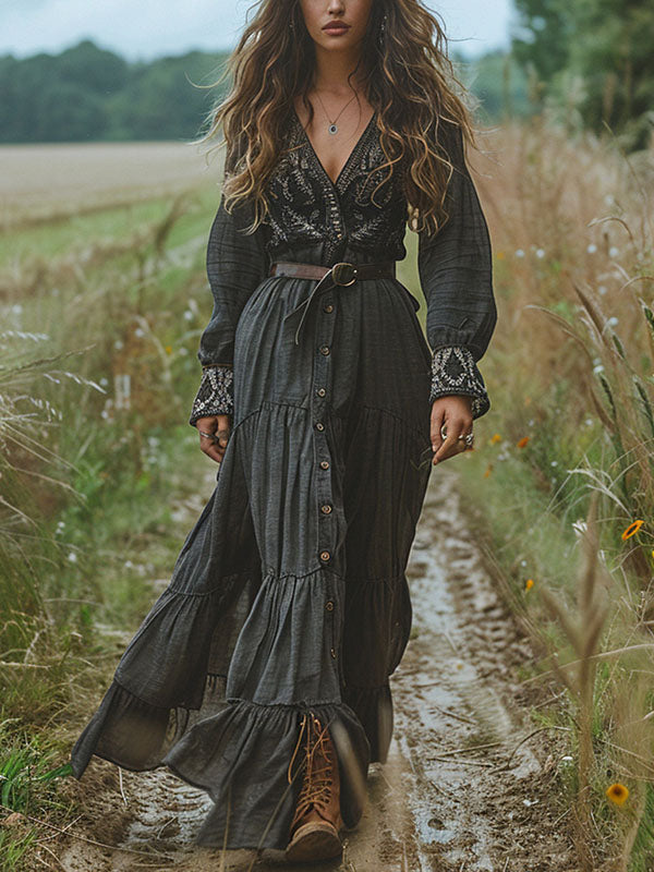 Vintage Floral Long Sleeves Ruffled Maxi Dresses