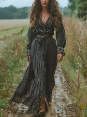 Vintage Floral Long Sleeves Ruffled Maxi Dresses