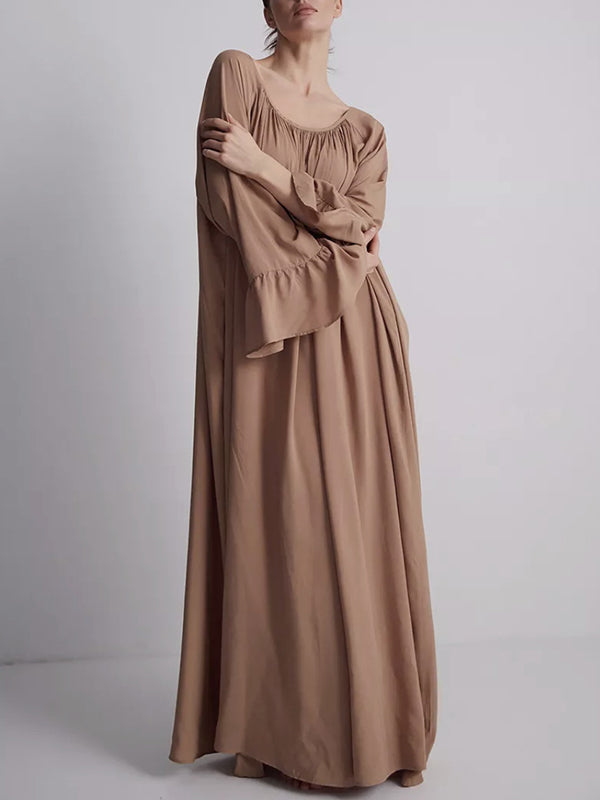 Pleated Solid Color Split-Joint A-Line Flared Sleeves Round-Neck Maxi Dresses