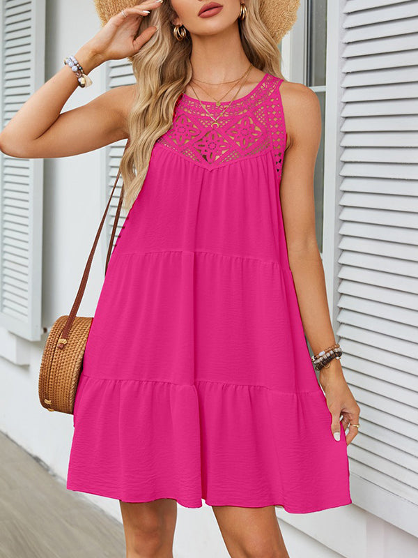 Hollow Pleated Solid Color Split-Joint Loose Sleeveless Round-Neck Mini Dresses