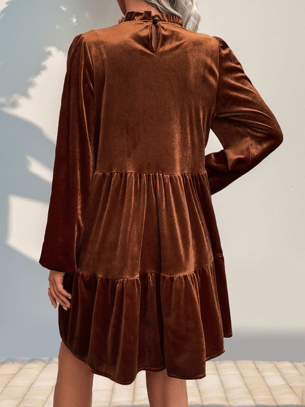 Pleated Solid Color Split-Joint Velvet A-Line Long Sleeves Mock Neck Mini Dresses