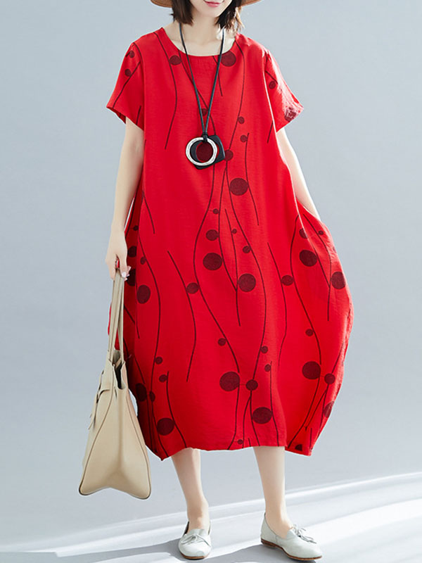 Printed Loose Short Sleeves Round-neck Midi Dresses