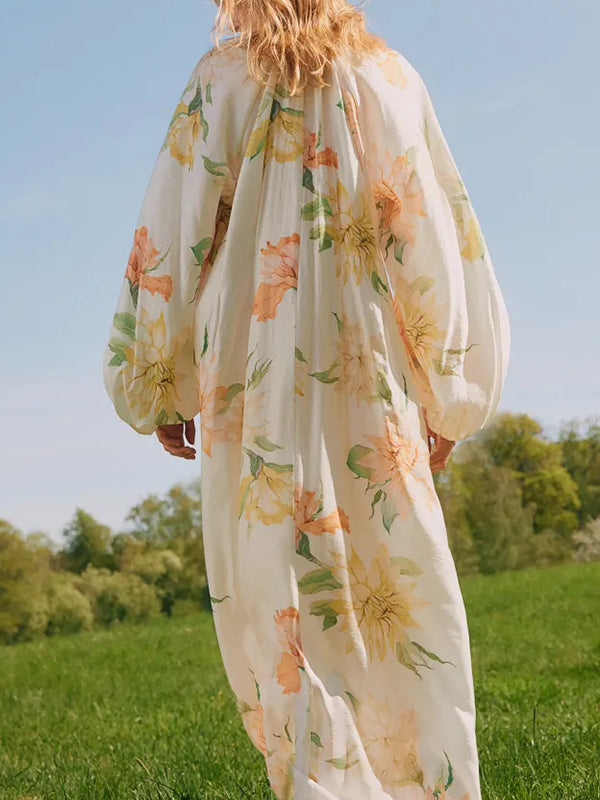 Floral Print Loose Long Sleeves Casual Maxi Dresses