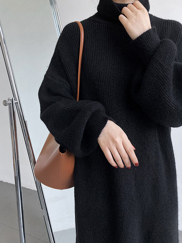 Urban Loose Puff Sleeves Solid Color High-Neck Sweater Dresses