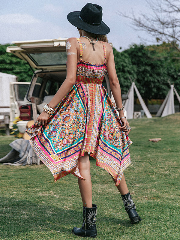 Bohemia Loose Irregularity Floral Printed V-Neck Mini Dresses