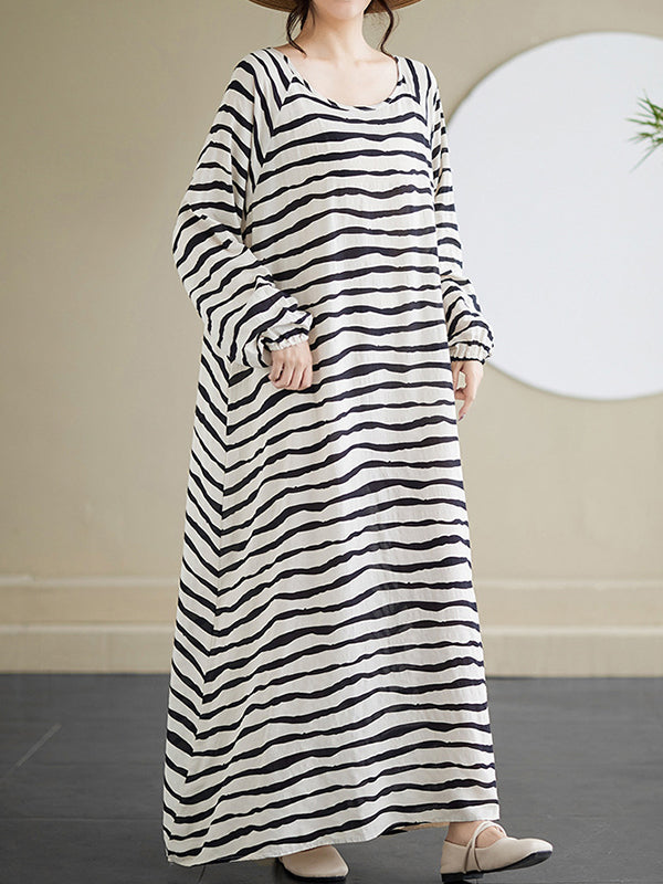 Contrast Color Elasticity Striped A-Line Long Sleeves Round-Neck Maxi Dresses