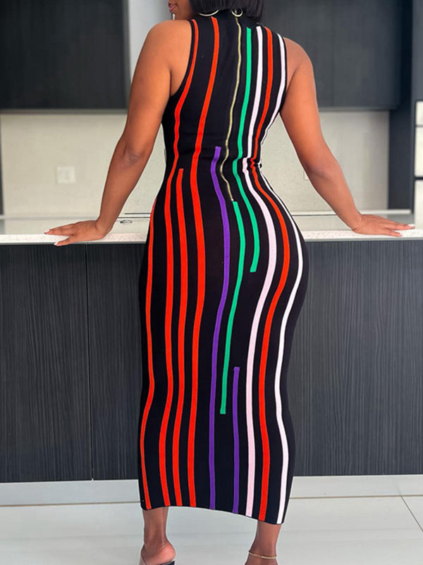 Contrast Color Printed Bodycon High Waisted High Neck Midi Dresses