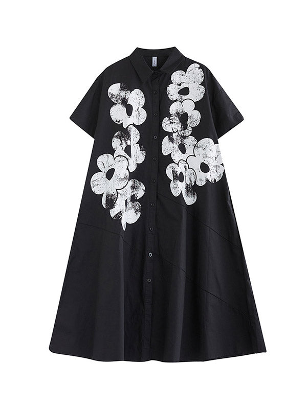Asymmetric Buttoned Flower Print A-Line Loose Lapel Shirt Dress Midi Dresses