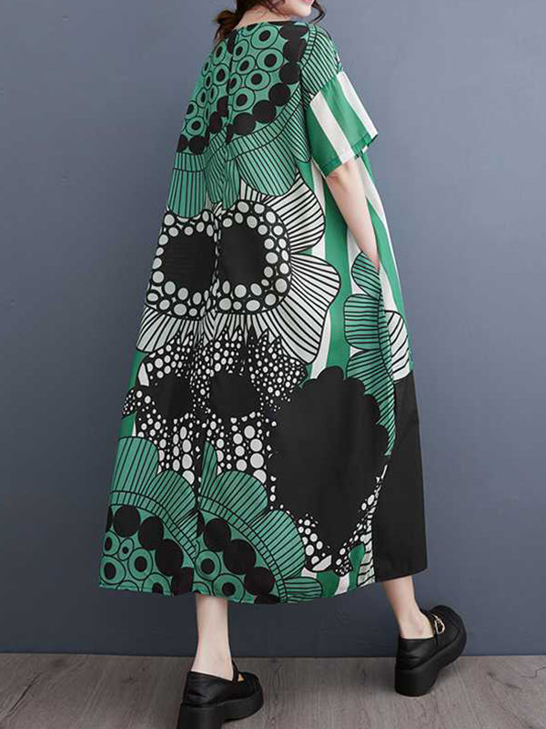 Flower Print Pockets Split-Joint A-Line Loose Round-Neck Midi Dresses