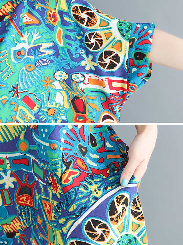 Stylish Asymmetric Printed Round-Neck Loose Batwing Sleeve Midi Dress