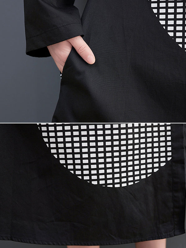 Vintage Loose Long Sleeves Buttoned Printed Polka-Dot Lapel Collar Midi Dresses