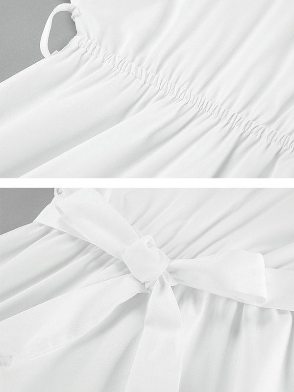 Pleated Solid Color Split-Joint Tied Waist Long Sleeves Loose V-Neck Shirt Dress Mini Dresses