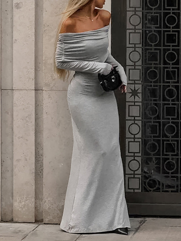 Pleated Solid Color Split-Joint Long Sleeves Skinny Off-the-shoulder Maxi Dresses Evening Dresses
