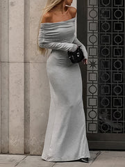 Pleated Solid Color Split-Joint Long Sleeves Skinny Off-the-shoulder Maxi Dresses Evening Dresses