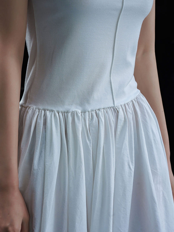 Pleated Solid Color Split-Joint Loose Sleeveless Round-Neck Maxi Dresses