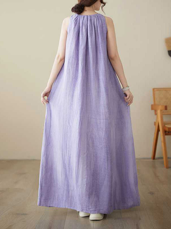Pleated Solid Color A-Line Loose Round-Neck Midi Dresses