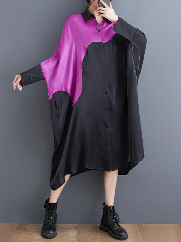 Asymmetric Buttoned Contrast Color Split-Joint Batwing Sleeves Loose Lapel Midi Dresses