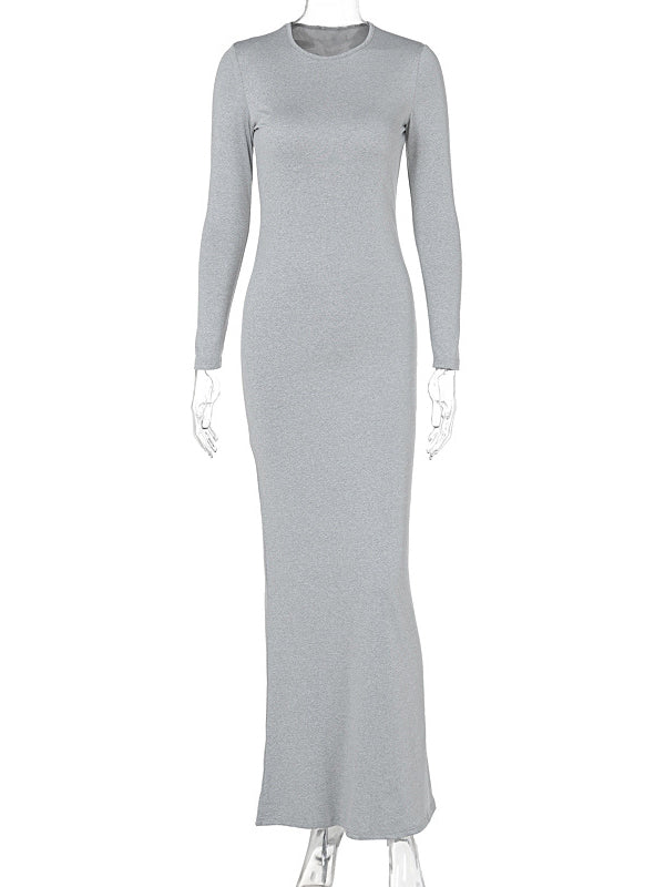 See-Through Solid Color Bodycon Long Sleeves Round-Neck Maxi Dresses