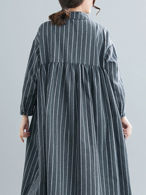 Simple Striped Buttoned Lapel Long Sleeves Shirt Dress