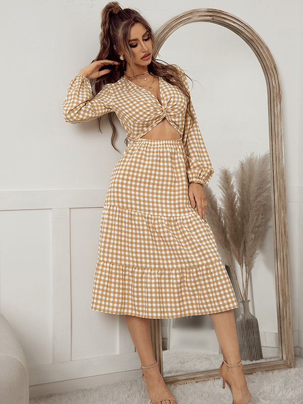 Vacation A-Line Plaid Hollow Midi Dresses