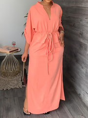 Drawstring Solid Color Split-side Loose V-neck Maxi Dresses
