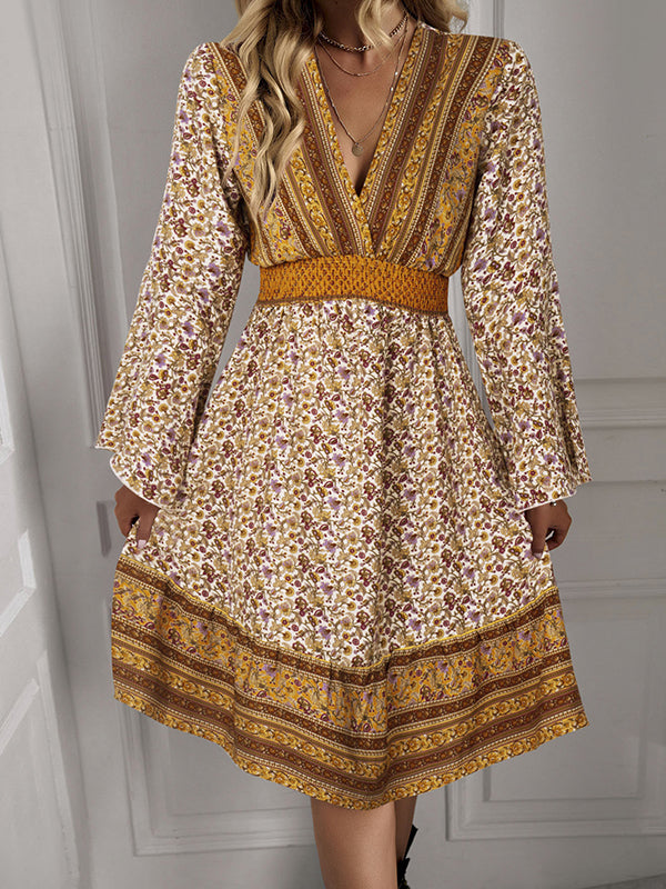 Bohemia High Waisted Long Sleeves Floral Printed V-Neck Maxi Dress