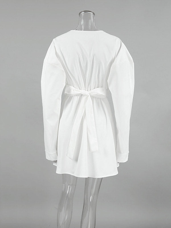 Pleated Solid Color Split-Joint Tied Waist Long Sleeves Loose V-Neck Shirt Dress Mini Dresses