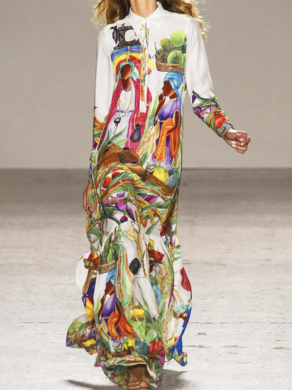 Asymmetric Printed Split-Joint Long Sleeves Loose Lapel Shirt Dress Maxi Dresses