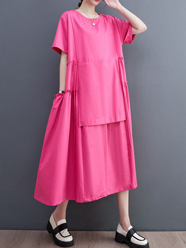 Solid Color Split-Joint Loose Short Sleeves Round-neck Midi Dresses