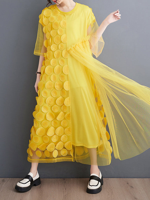 Asymmetric Gauze Split-Joint Loose Short Sleeves Round-Neck Midi Dresses