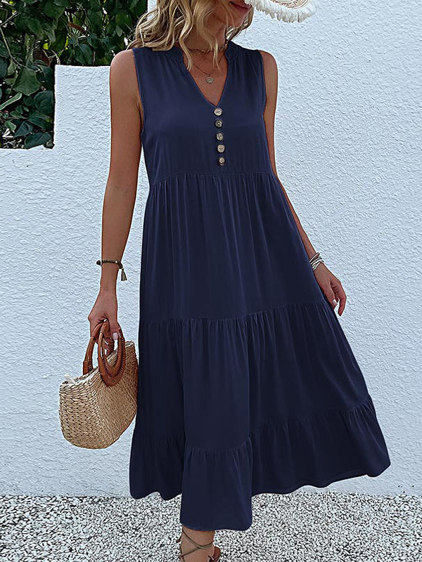 Pleated Split-Joint Loose Sleeveless V-Neck Midi Dresses