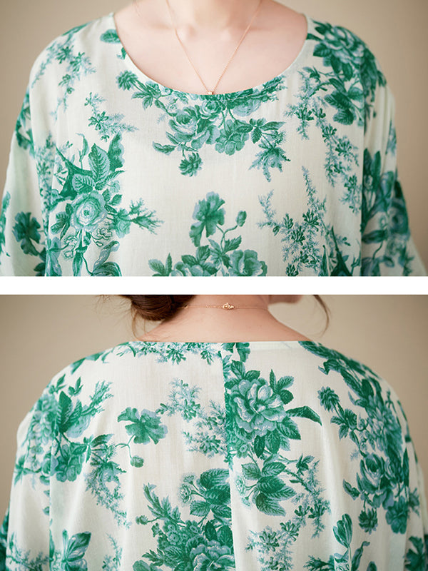 Floral Printed Pleated Split-Joint Loose Short Sleeves Round-Neck Midi Dresses