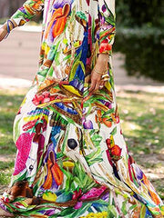 Asymmetric Printed Split-Joint Long Sleeves Loose Lapel Shirt Dress Maxi Dresses
