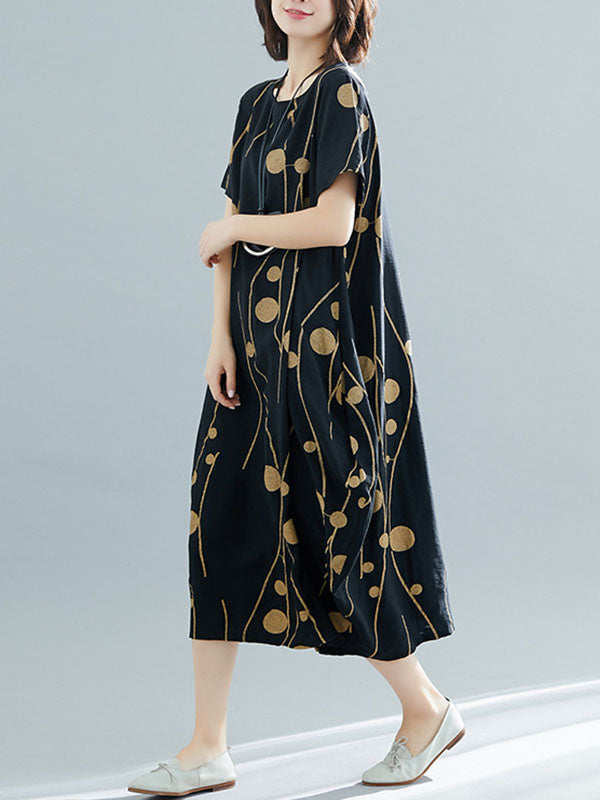 Printed Loose Short Sleeves Round-neck Midi Dresses