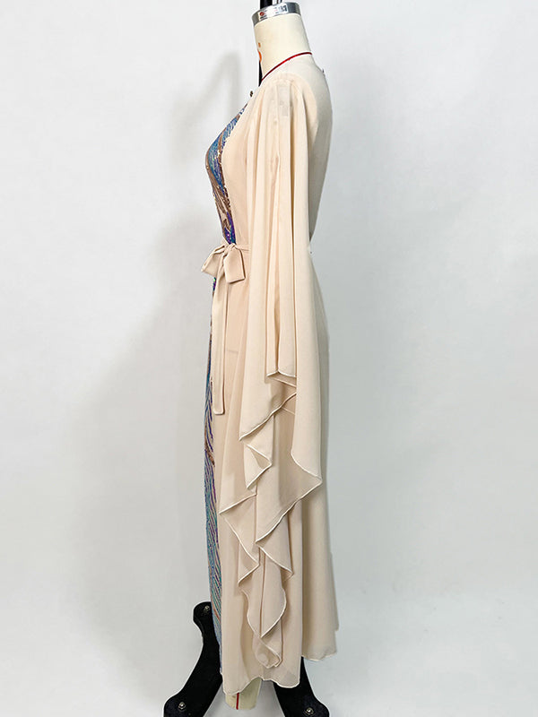 Loose A-Line Lace-Up Embroidered Solid Dress