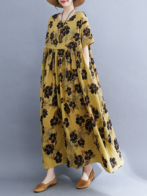 Pleated Printed Split-Joint Loose Short Sleeves Round-Neck Midi Dresses