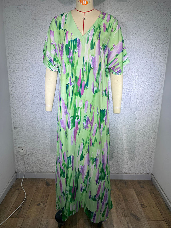 Multi-Colored Printed Loose Short Sleeves V-neck Maxi Dresses
