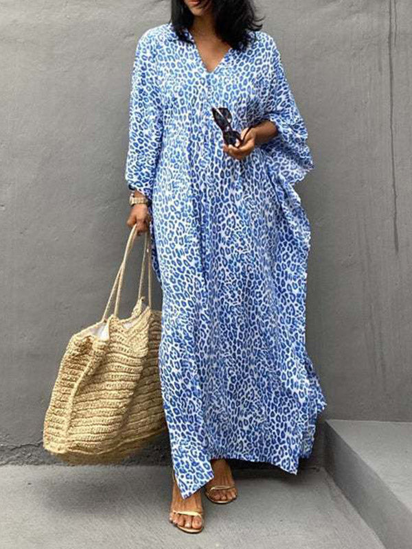 Leopard Split-Side Sun Protection Batwing Sleeves Loose V-Neck Maxi Dresses Cover-Ups Swimwear
