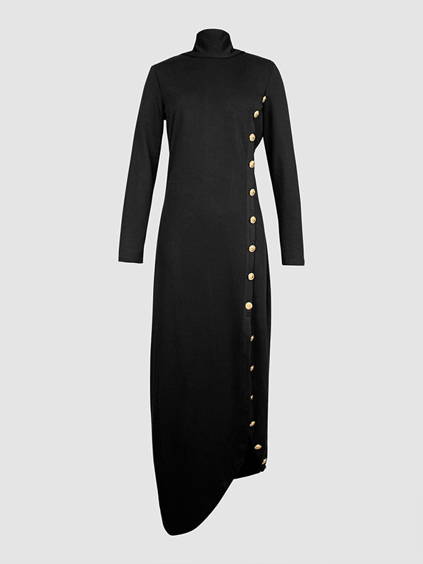 Long Sleeves Loose Asymmetric Buttoned Split-Joint Split-Side Mock Neck Maxi Dresses