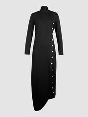 Long Sleeves Loose Asymmetric Buttoned Split-Joint Split-Side Mock Neck Maxi Dresses