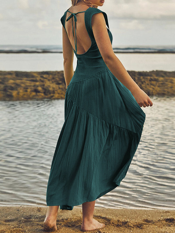 Backless Elasticity Lace-Up Pleated Solid Color Split-Joint Loose Sleeveless Square-Neck Maxi Dresses