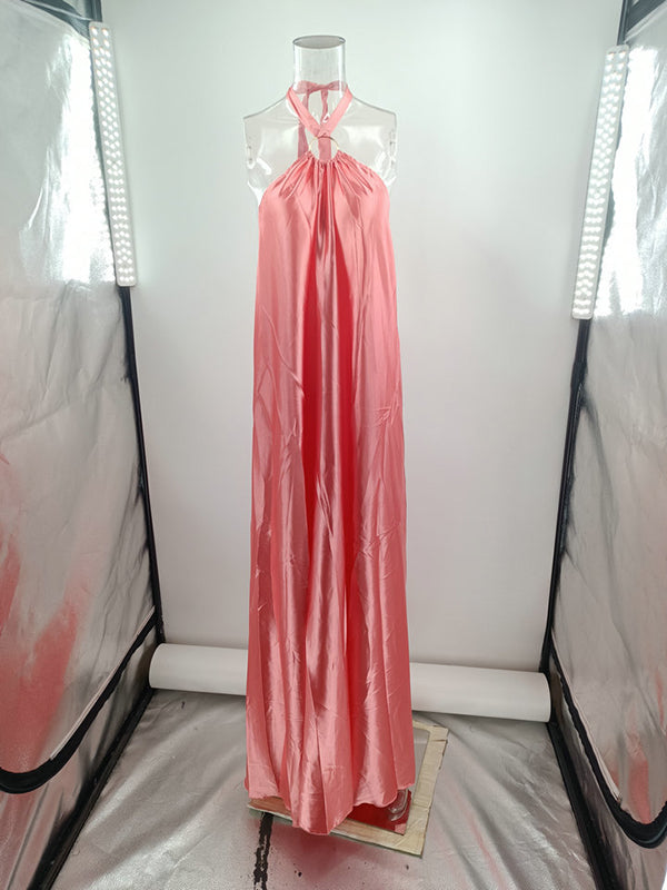 Backless Solid Color Tied A-Line Loose Halter-Neck Maxi Dresses