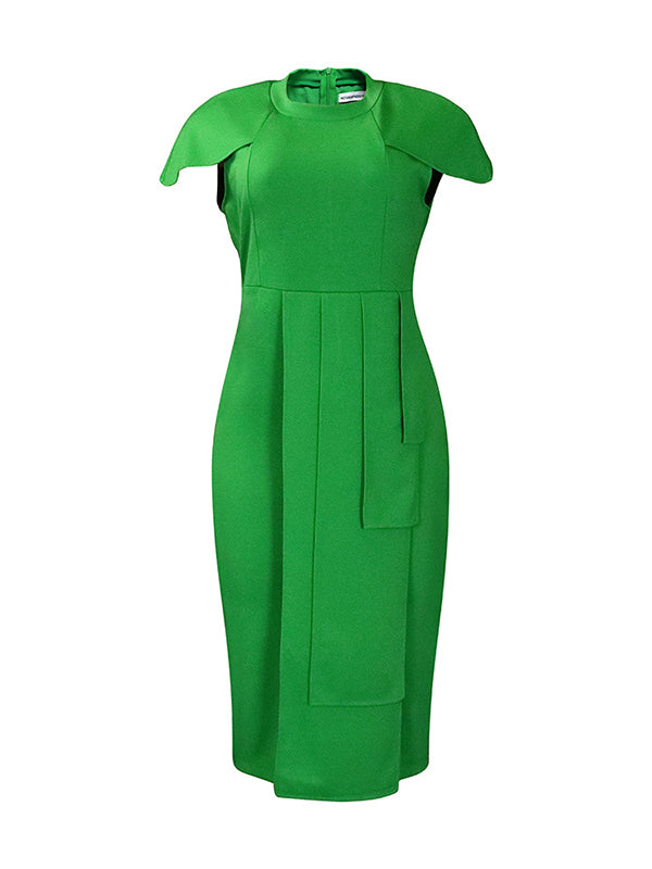 Pleated Solid Color Split-back Split-front Split-Joint Short Sleeves Skinny Round-neck Midi Dresses