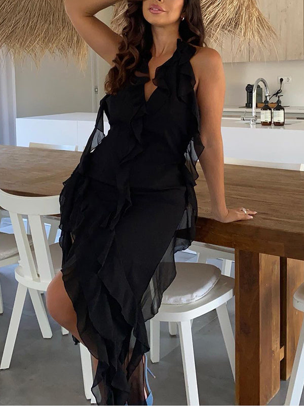 Backless Mesh Ruffle Trim See-Through Split-Side Tied Loose Sleeveless Halter-Neck Maxi Dresses