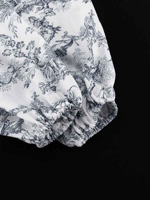 Pleated Printed Split-Joint Tied Waist Loose Puff Sleeves Stand Collar Mini Dresses